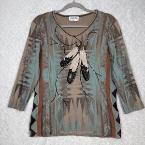 Y2K Cactus Bay 3/4 Sleeve Top Womens L Southwest USA Feather Rhinestone Grunge